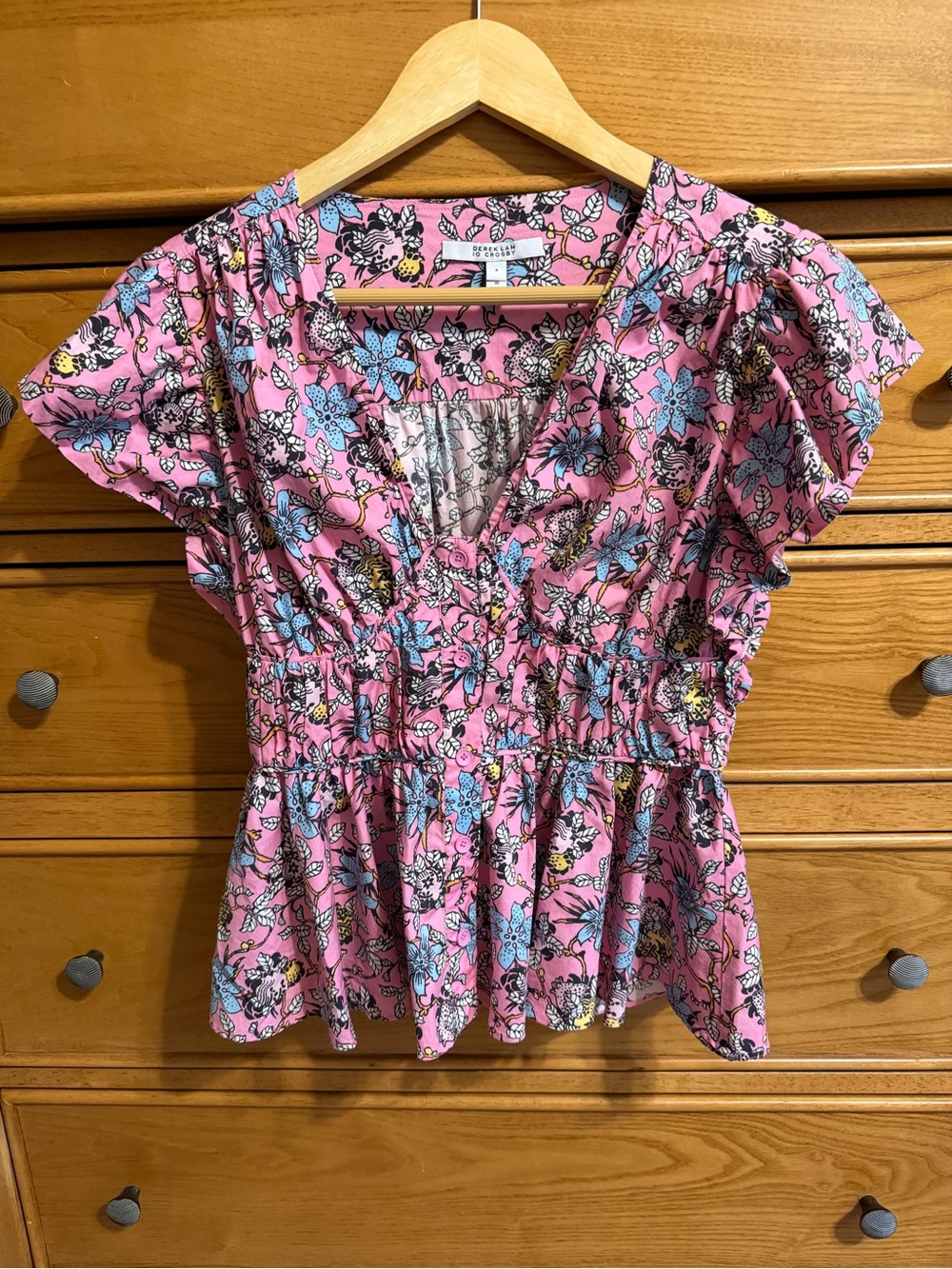 Derek Lam 10 Crosby Short Sleeve Floral Ruffle Top Pink Womens Sz 4 Y2K Babydoll